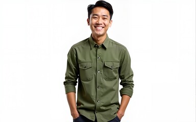 Full length portrait of handsome cheerful asian man in green shirt smiles broadly, poses with hands in pockets. Guy isolated on white background, wears casual modern outfit. Youth fashion.