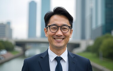 Close up front view in city outdoors Asian Korean man business boss leader company CEO smiling glad happy middle-aged businessman professional financial advisor executive leader manager male lawyer