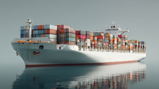 Cargo ship loaded with colorful containers sailing on calm water under overcast sky