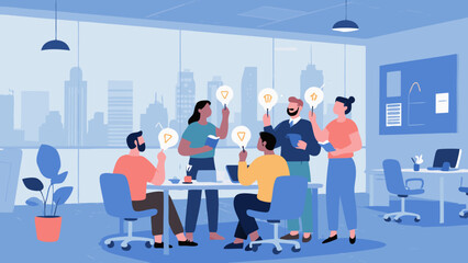 Diverse team brainstorming ideas in modern office with city view backdrop