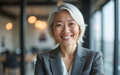 Close-up portrait of smiling asian senior businesswoman standing in the office while looking at camera. High quality