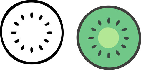 Fototapeta premium Kiwi Slice Icon Black Outline and Colored Version Simple Design