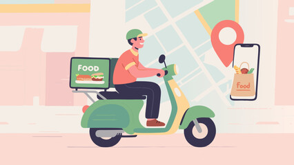 Food delivery service illustration with scooter and mobile tracking app