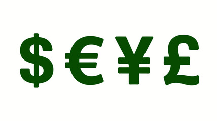 Green currency symbols showcasing dollar, euro, yen, and pound icons
