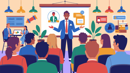 Presentation audience listens to speaker with digital display in conference room