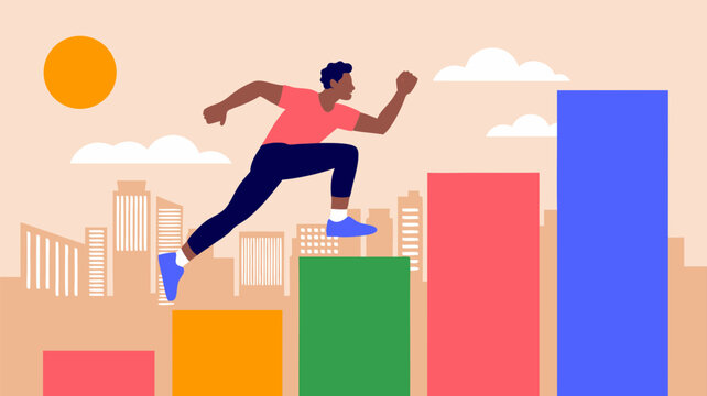 Man running up bar chart stairs toward success in cityscape vector art