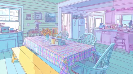 Pastel-toned interior of a cozy kitchen-dining room