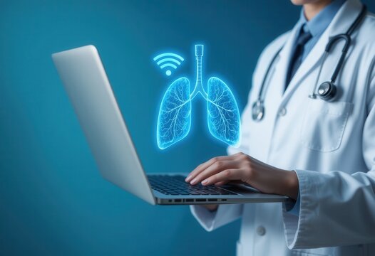 Telemedicine concept showing lungs scan data transmission with doctor using laptop