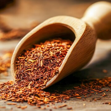 closeup of rooibos tea leaves in a wooden scoop redbrown texture macro South African tea ingredient photography rustic background
