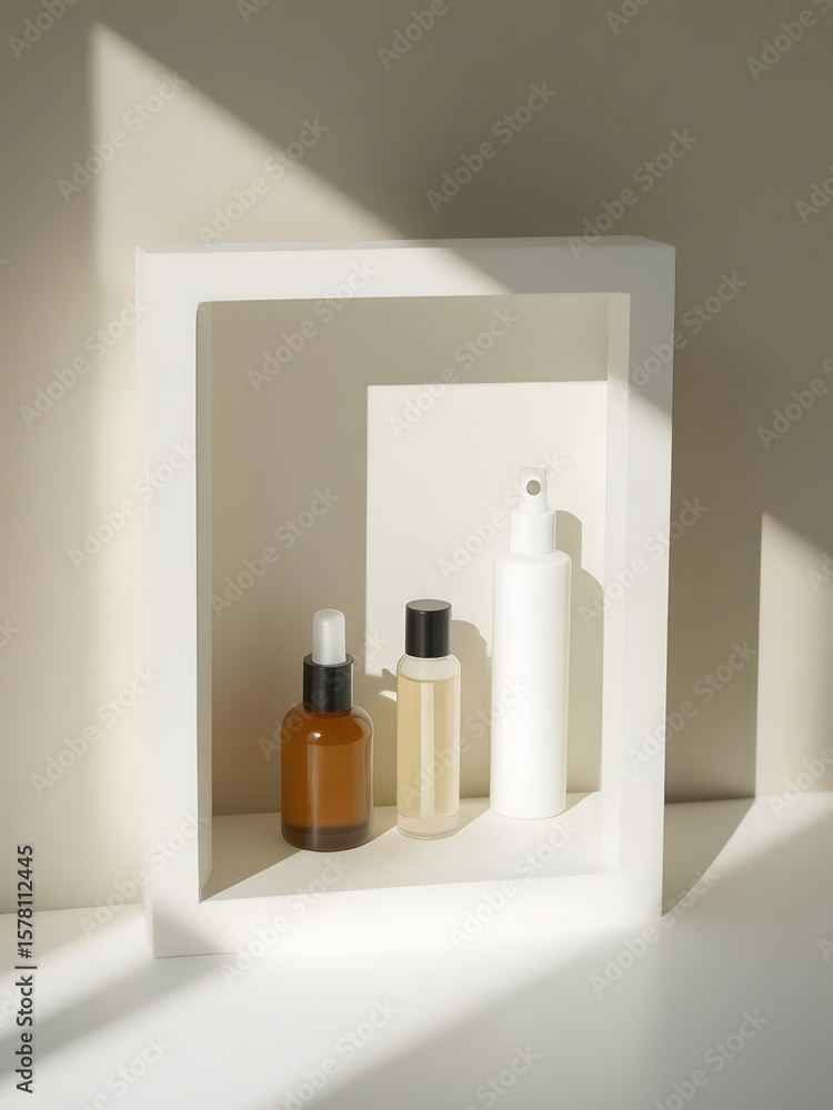 Poster a minimalist display of skincare bottles in a white frame with soft shadows and neutral background t