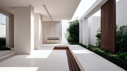 The beautiful exterior of a modern minimalist luxury home with a Zen Garden courtyard and seamless indoor-outdoor living through large glass walls