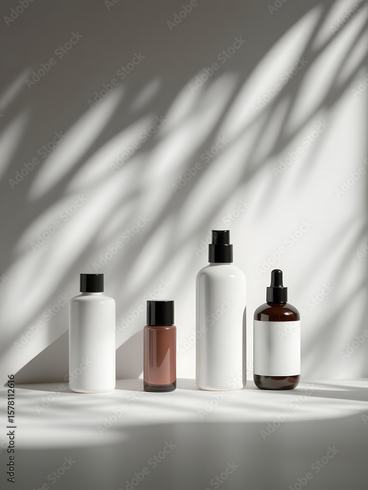 Poster a row of various cosmetic bottles displayed against a white wall with leaf shadows creating patterns