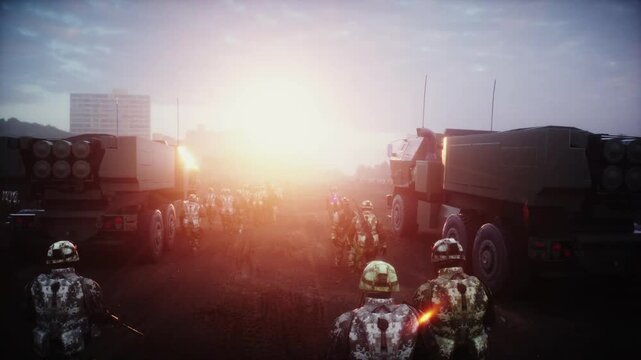 American High Mobility Artillery Rocket System in a ruined city.