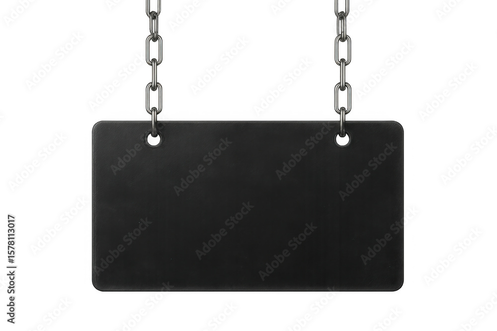 Poster blank rectangular signage suspended from metal chains, offering versatile display space against tran