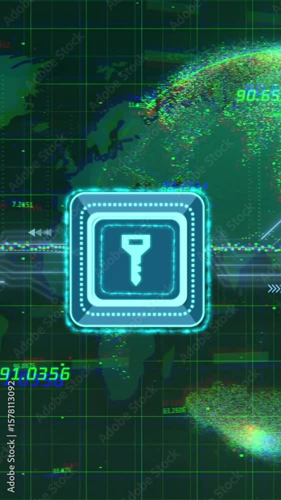 Aufkleber digital key icon and data encryption animation over world map and globe