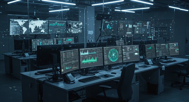 Advanced Data Center with Multiple Computer Monitors Displaying Graphs and Charts in Modern Night Setting
