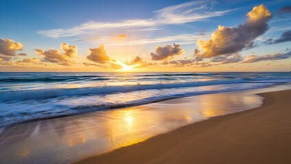 Fototapeta premium Golden Sunrise Over Ocean Waves and Sandy Beach