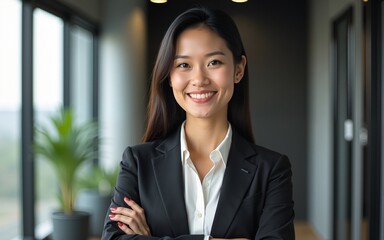 Confident asian businesswoman in office. Smiling female entrepreneur in formal suit with arms crossed. Successful woman manager, business coach poses in office interior. Modern leadership.
