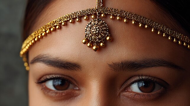 Rajasthani borla mathapatti gold traditional forehead jewelry realistic studio close up cultural bridal accessory