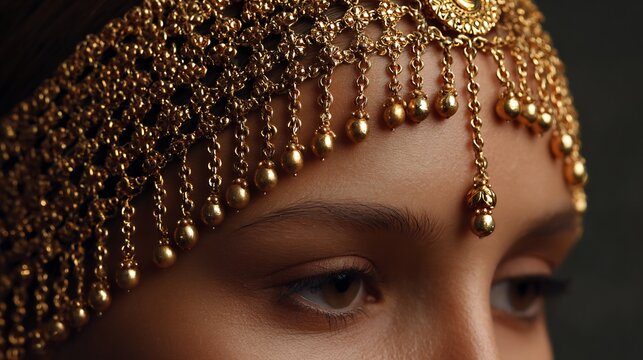 Rajasthani borla mathapatti gold traditional forehead jewelry realistic studio close up cultural bridal accessory
