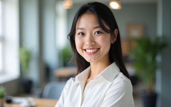 Close up head shot portrait of young smiling Asian businesswoman wear white shirt posing in office, looks positive, feels happy, gazing at camera. Professional occupation or teacher, profile picture