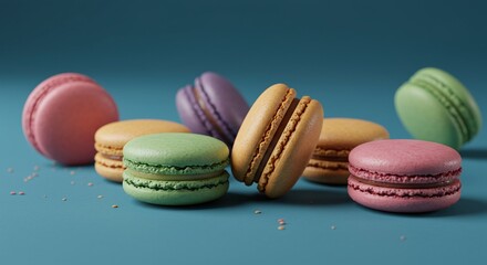Colorful Macarons Array on Blue Background in Close Up