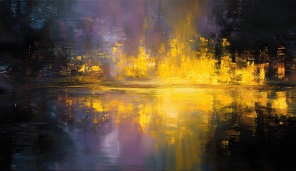 Abstract golden and purple textured painting with atmospheric reflection