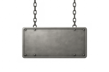 Steel plate hanging from two chains on a transparent background, creating a versatile template for messages and announcements