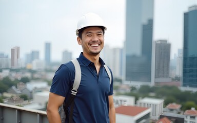 Happy asian man, technician and portrait in city for construction, installation or inspection on rooftop. Male person, engineer or contractor smile for architecture career, building or maintenance