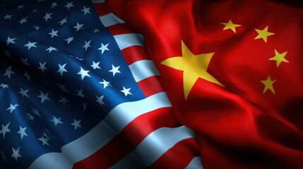 Closeup of American and Chinese Flags Intertwined