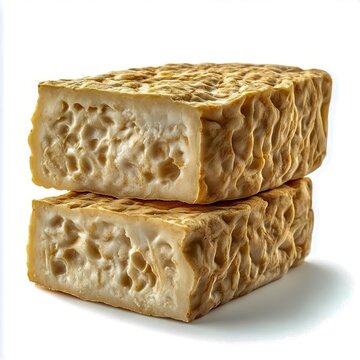 closeup of tempeh block sliced to show inner soy structure macro plantbased fermented protein photography sharp detail white background