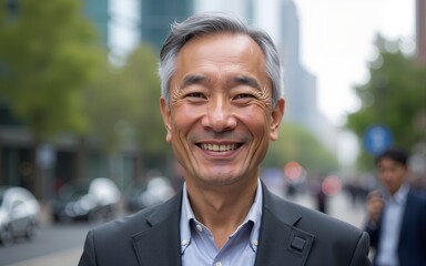 Senior Asian man smiling at the camera outdoors. Close-up portrait of a laughing handsome Asian man in the city. Middle aged man walking in a city. AI Generated. High quality