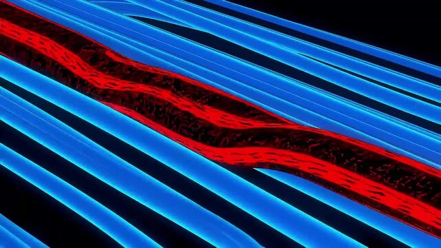 Red disruption flows through parallel blue channels, creating a dynamic visual effect.