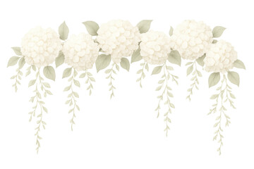 White hydrangeas, hanging verdant leaves composing sophisticated wedding-inspired floral arrangement, elegant botanical design