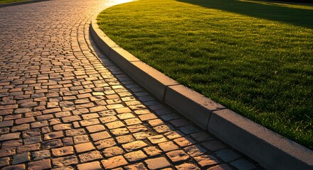 Detailed cobblestone road with vivid colors beside green lawn, separated by curb great for architecture blogs or paving brochures.