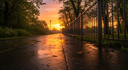 Wet paved walkway in a quiet park at sunrise, lined by metal fence and glowing light ideal for city branding or blog headers.