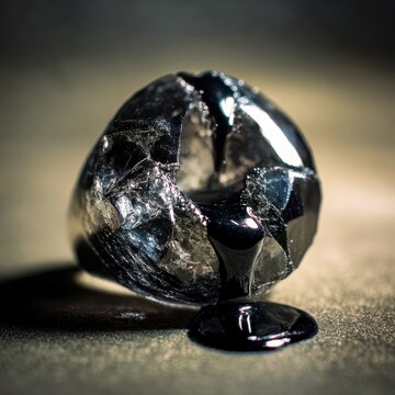 cracked gemstone oozing black liquid on toxicity auction house lighting