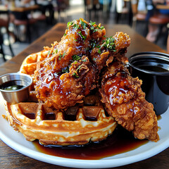 A Plate of Crispy Chicken with Waffles