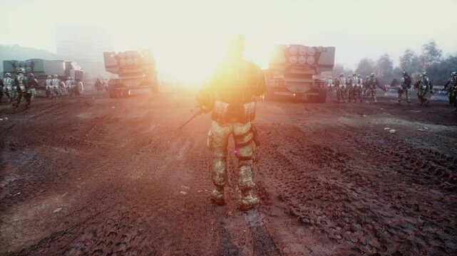 Soldier and american High Mobility Artillery Rocket System in a ruined city.