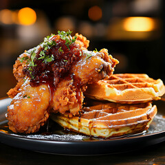A Plate of Crispy Chicken with Waffles