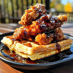 A Plate of Crispy Chicken with Waffles