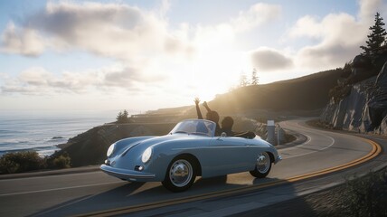 Dreamy California road trip in vintage convertible, perfect sunset drive