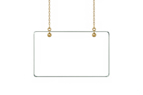 Transparent glass plate suspended by golden chains, highlighting minimalist decor aesthetic with elegant, reflective surface