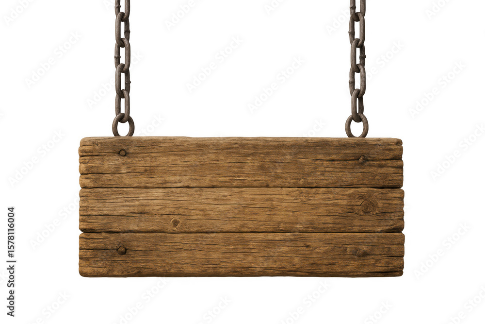 Fototapete wooden sign hanging from rusty chains, isolated on transparent background, perfect for adding custom