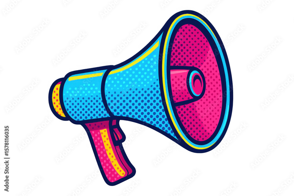 Poster pop art style megaphone with halftone dots effect spreading information, with transparent background