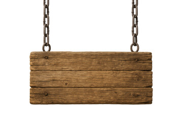 Wooden sign hanging from rusty chains, isolated on transparent background, perfect for adding custom text or graphics