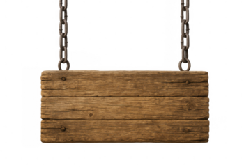 Wooden sign hanging from rusty chains, isolated on transparent background, perfect for adding custom text or graphics