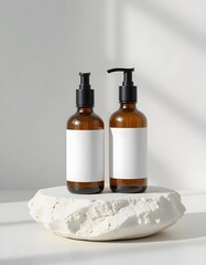 Two amber bottles with black pumps and white labels sitting on a textured white stone surface indoors