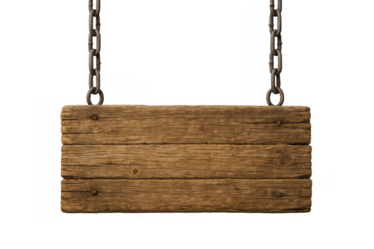 Wooden sign hanging from rusty chains, isolated on transparent background, perfect for adding custom text or graphics - Powered by Adobe