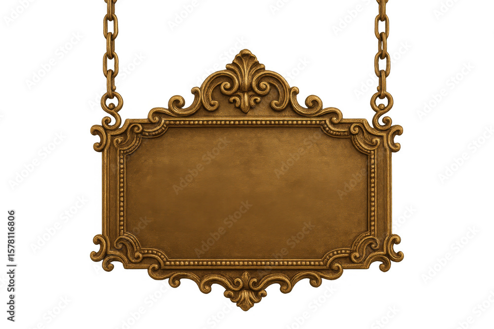Poster elegant gold sign with ornate frame hanging on chains, perfect for adding a touch of class to any de